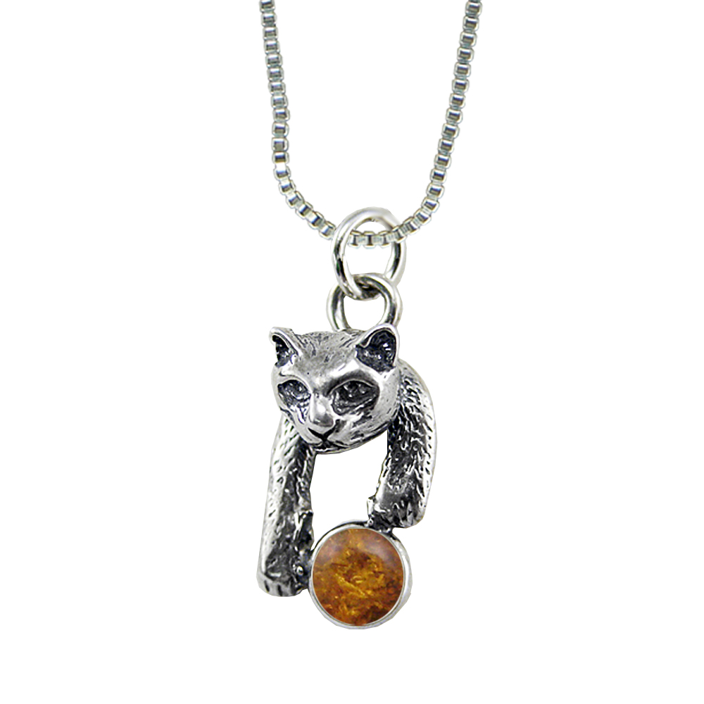Sterling Silver Playful Little Cat Pendant With Amber